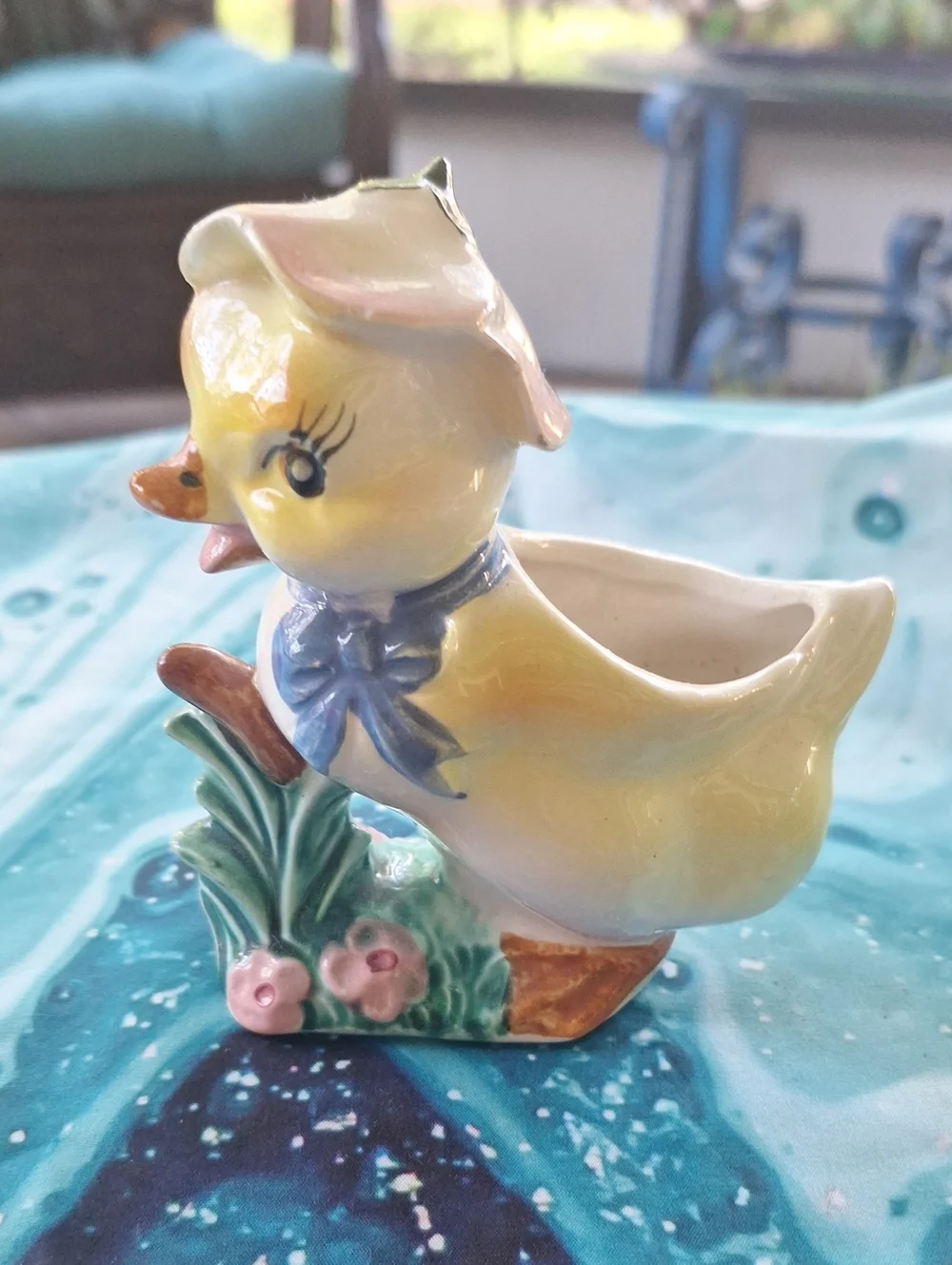 Vintage Yellow Ceramic Duck Planter with Blue Bow Planter/Vase